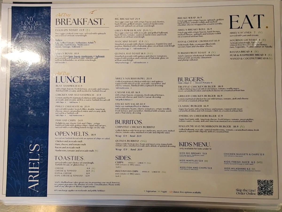 Menu, Ariel’s Shellharbour