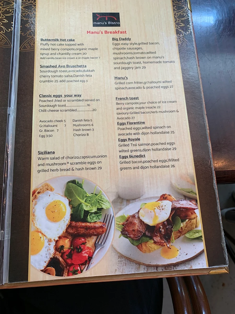 Menu, Manu's cafe and restaurant