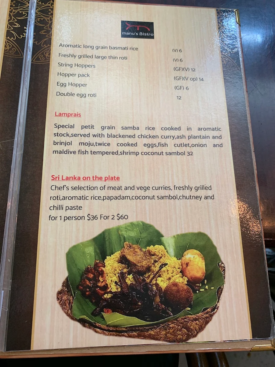 Menu, Manu's cafe and restaurant