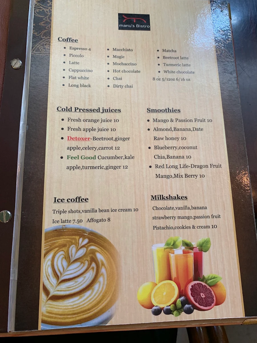Menu, Manu's cafe and restaurant