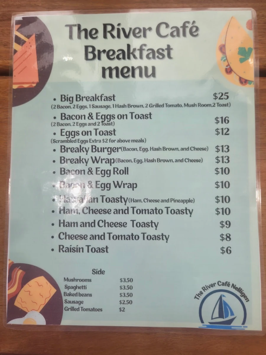 Menu, The River Cafe Nelligen