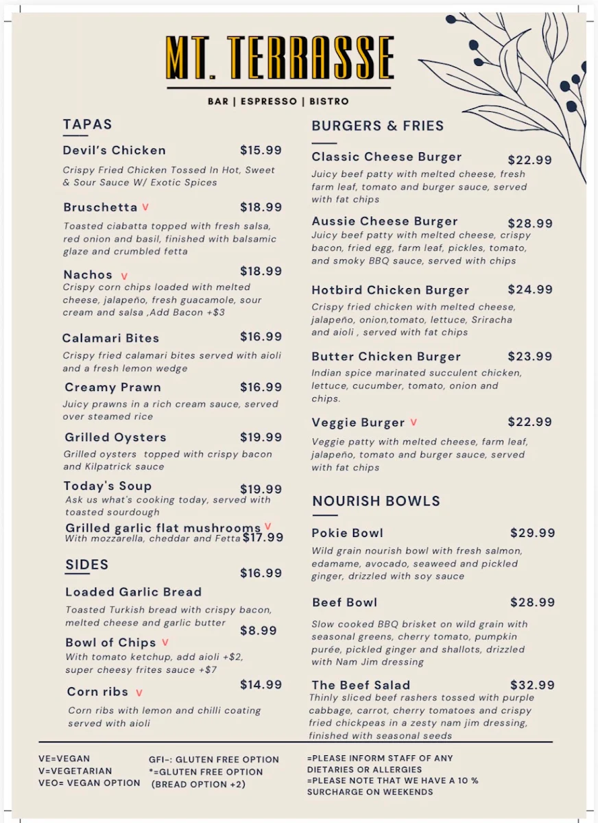 Menu, Mt. Terrasse Cafe Restaurant & Wine Bar Mount Eliza
