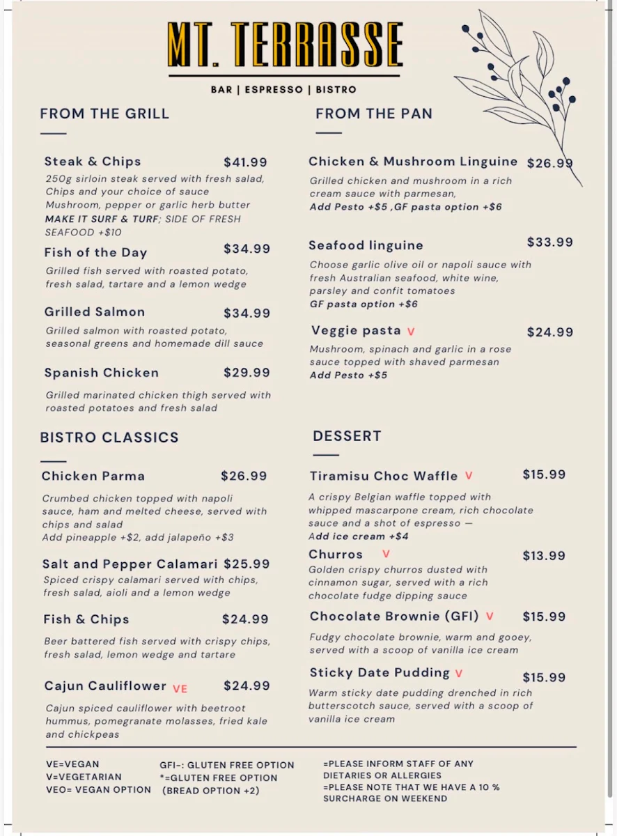 Menu, Mt. Terrasse Cafe Restaurant & Wine Bar Mount Eliza
