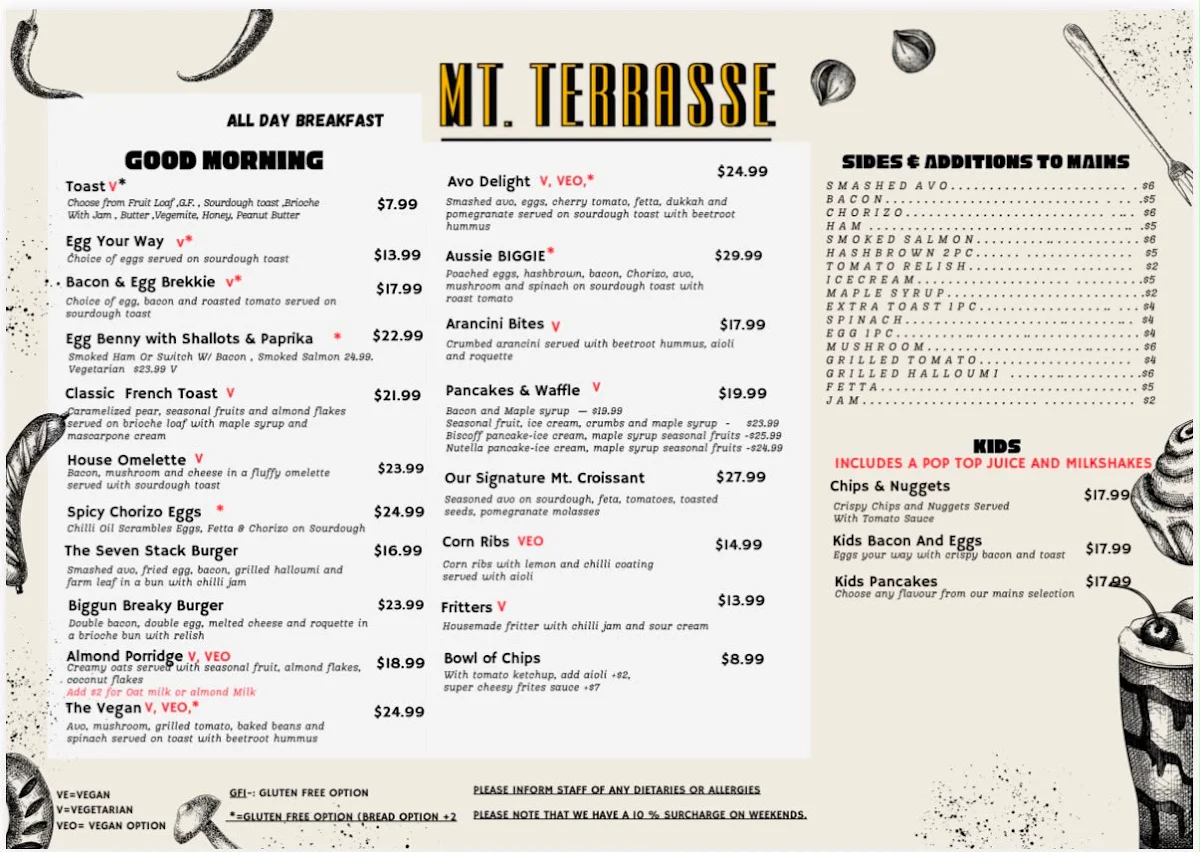 Menu, Mt. Terrasse Cafe Restaurant & Wine Bar Mount Eliza