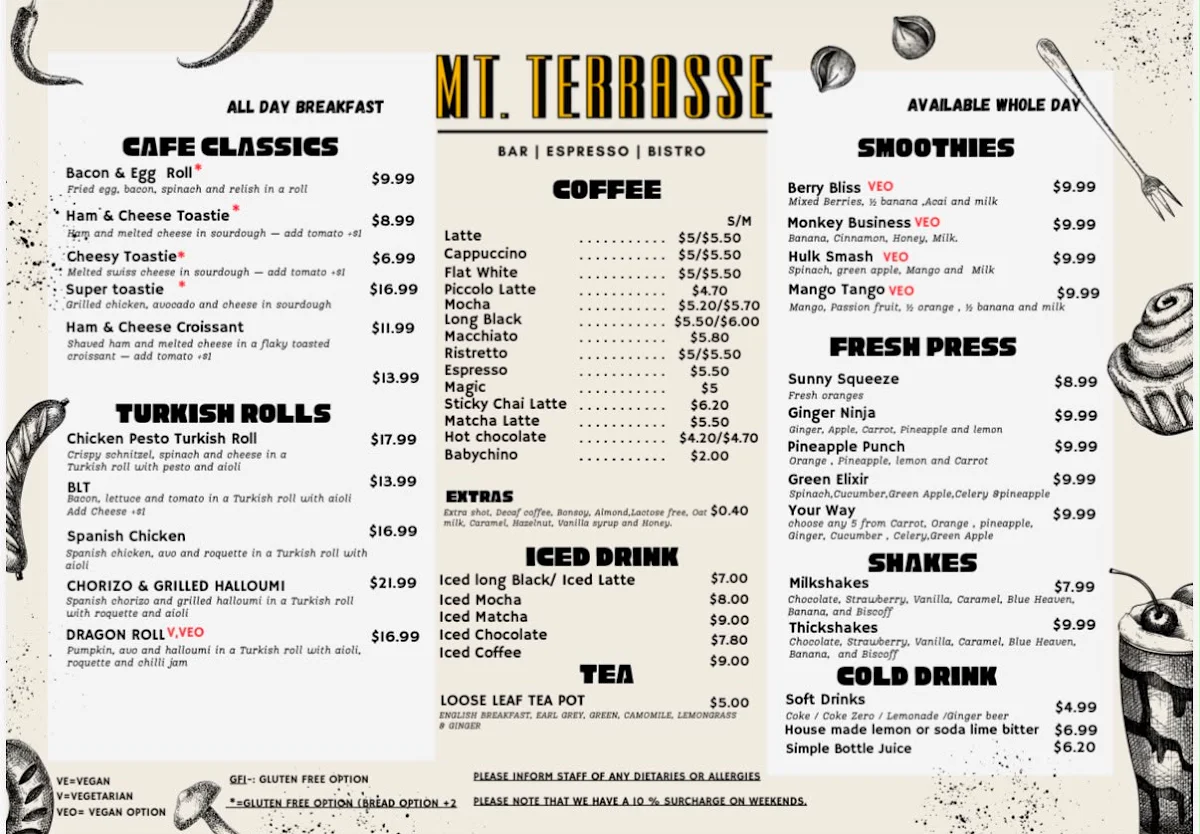 Menu, Mt. Terrasse Cafe Restaurant & Wine Bar Mount Eliza