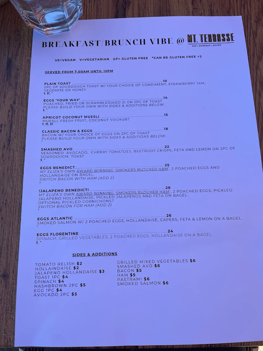 Menu, Mt. Terrasse Cafe Restaurant & Wine Bar Mount Eliza