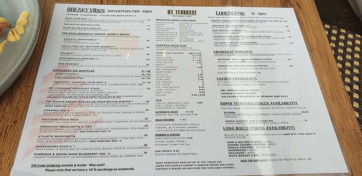 Menu, Mt. Terrasse Cafe Restaurant & Wine Bar Mount Eliza