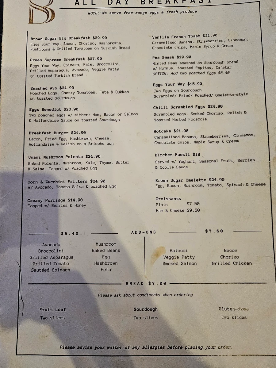 Menu, Brown Sugar Cafe