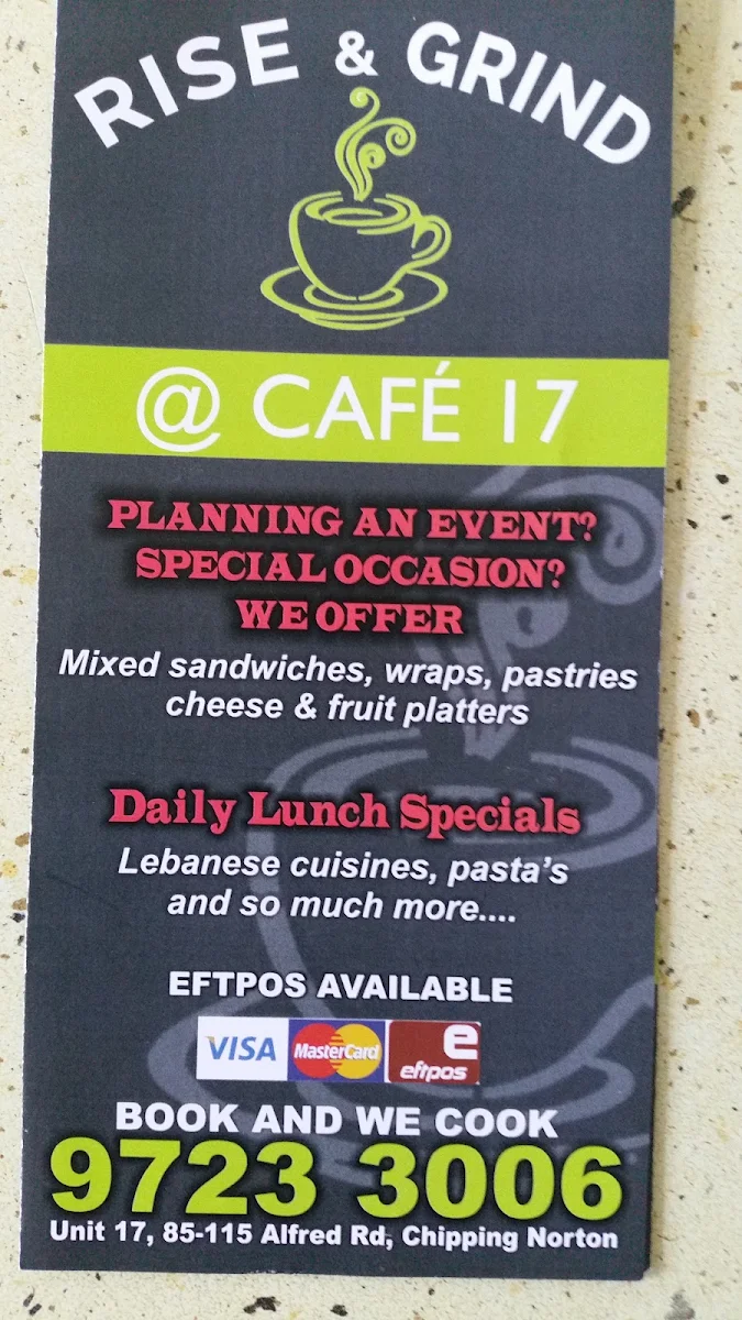Menu, Rise & Grind @ cafe 17
