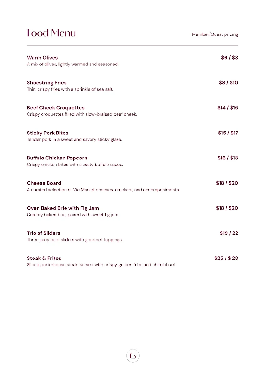 Menu, Miss Gunn's Basement Bar