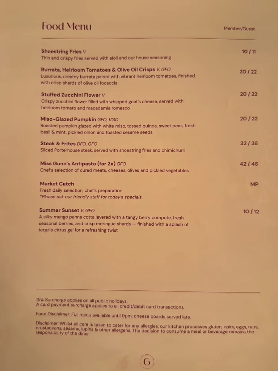 Menu, Miss Gunn's Basement Bar
