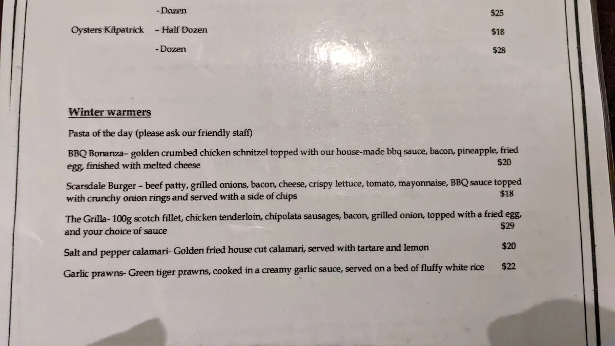 Menu, Scarsdale Hotel