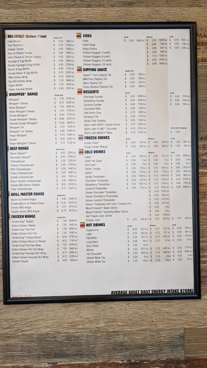 Menu, Hungry Jack’s Echuca