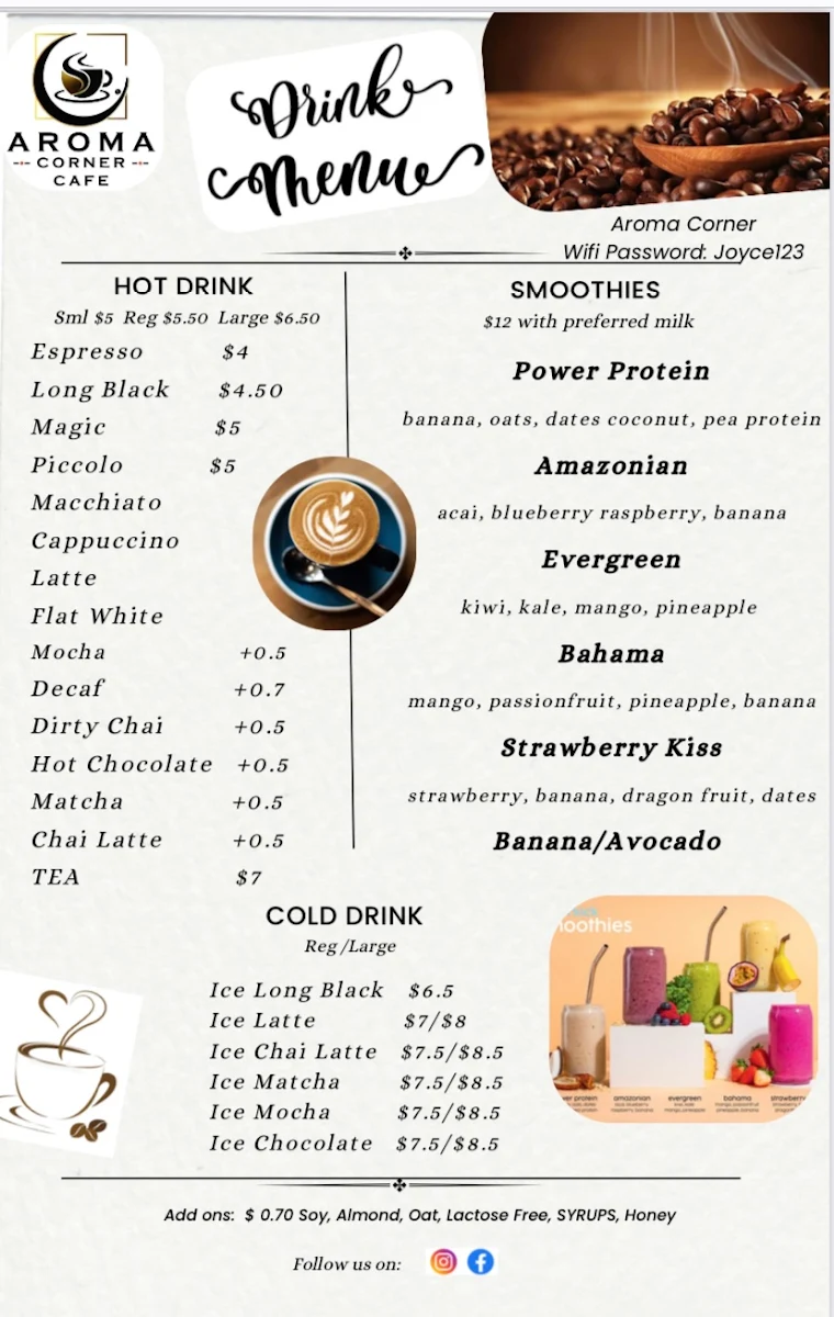 Menu, Aroma Corner Cafe