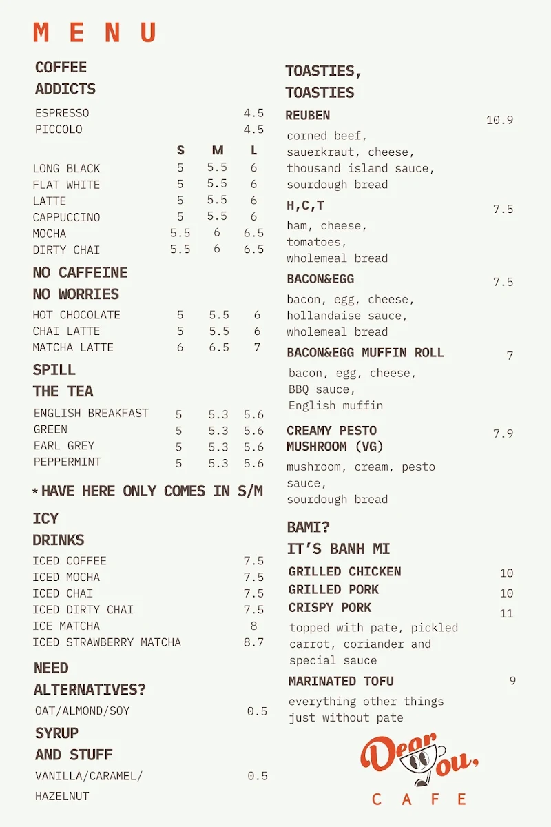 Menu, Dear You, Cafe