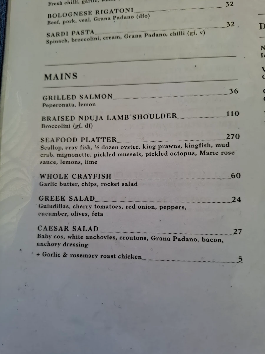 Menu, Portsea Hotel