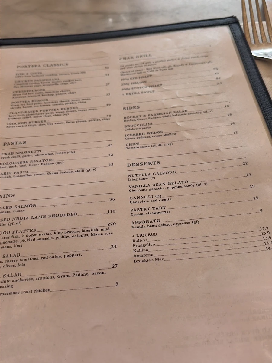 Menu, Portsea Hotel