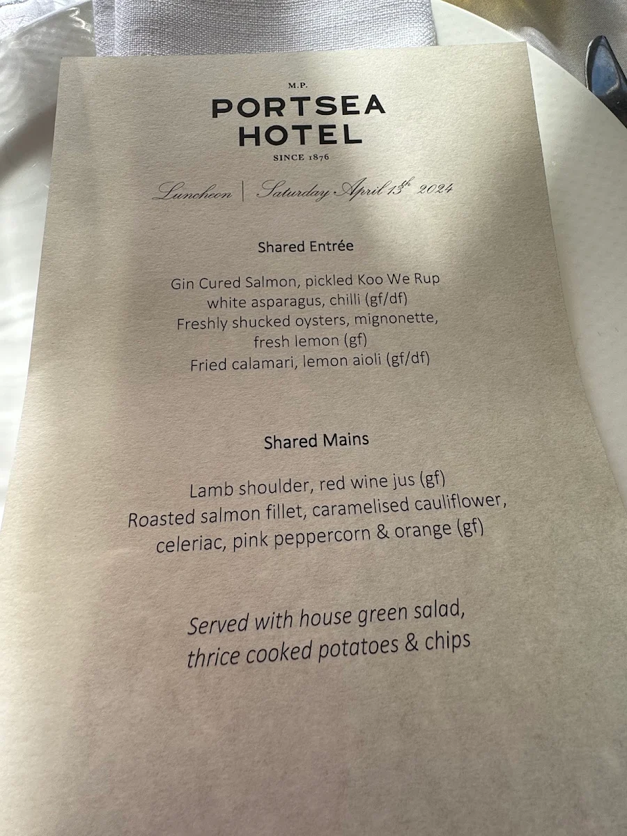 Menu, Portsea Hotel