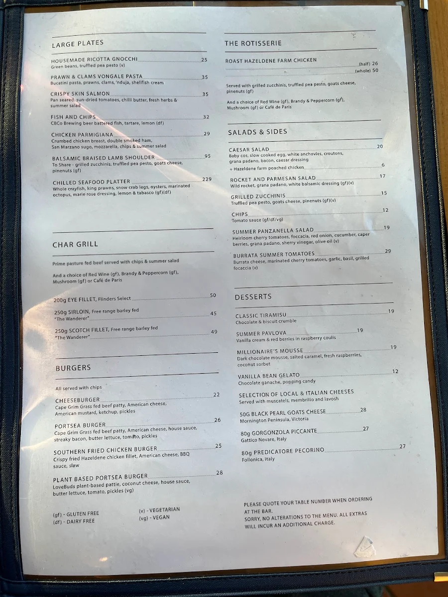 Menu, Portsea Hotel