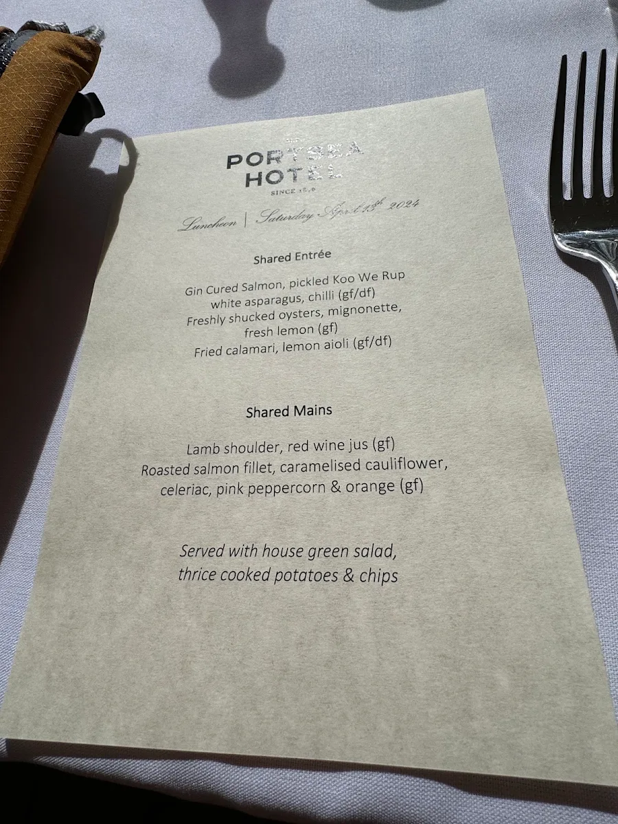Menu, Portsea Hotel
