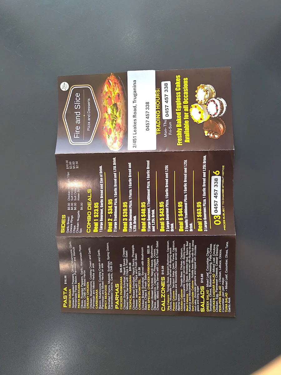 Menu, Fire and Slice - Pizza, Pasta & Desserts - Truganina