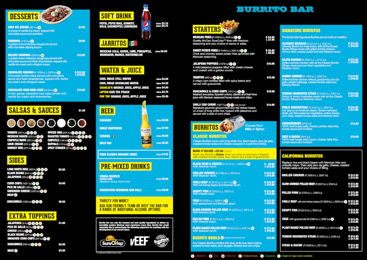 Menu, Burrito Bar Casuarina
