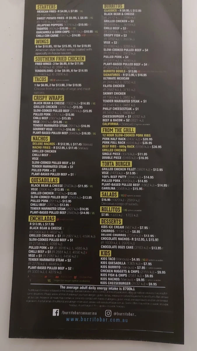 Menu, Burrito Bar Casuarina