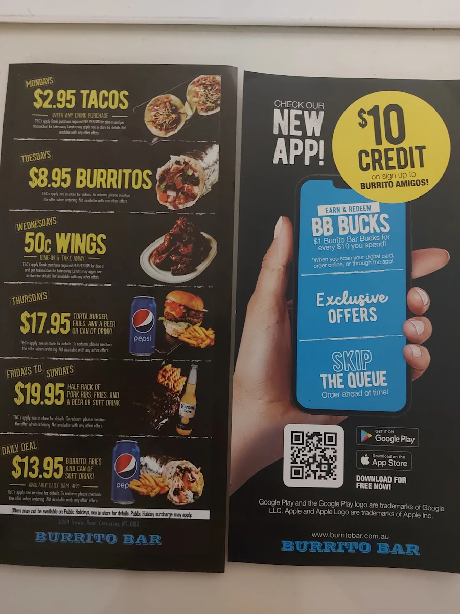 Menu, Burrito Bar Casuarina