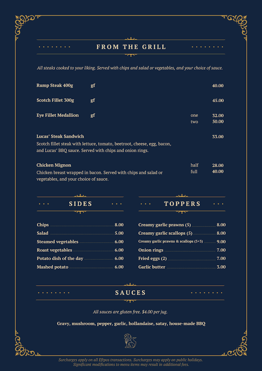 Menu, Lucas Hotel