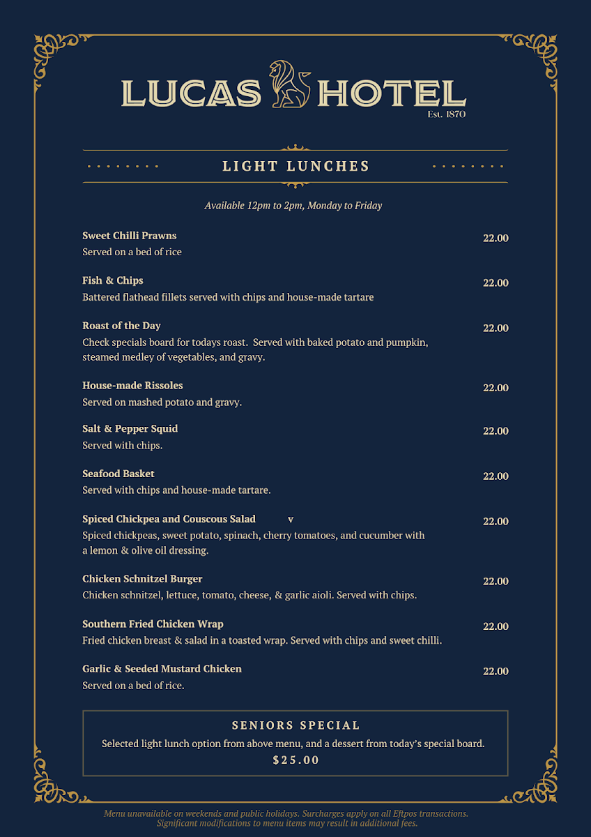 Menu, Lucas Hotel