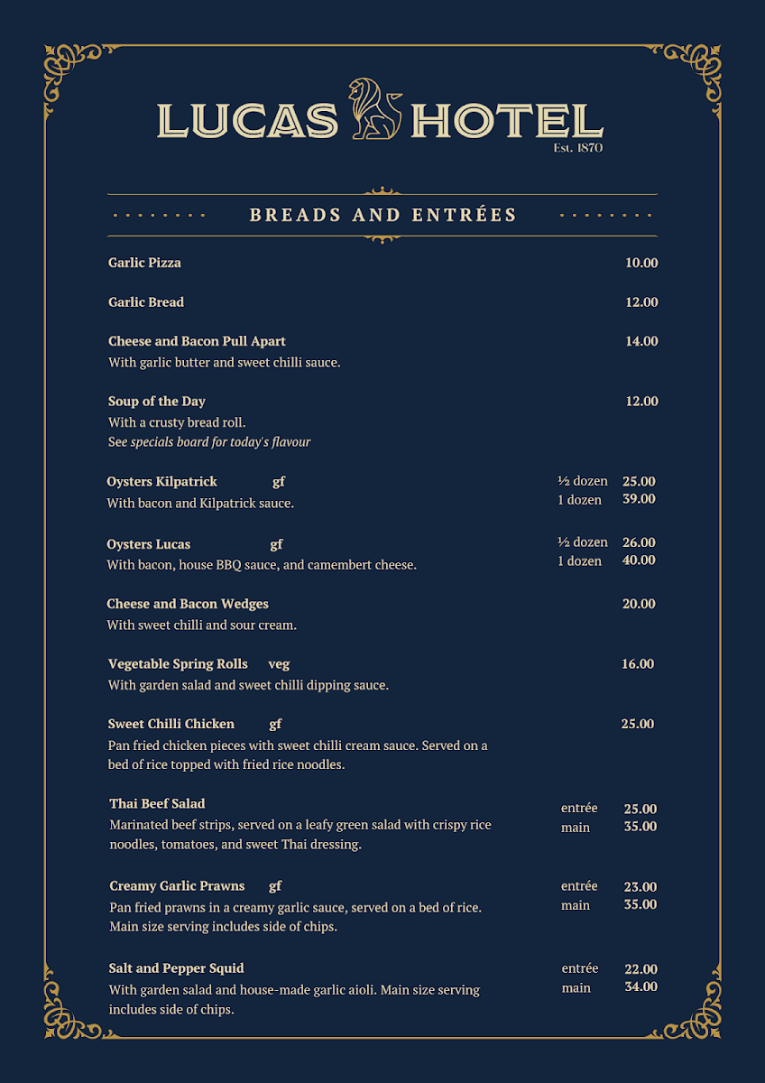 Menu, Lucas Hotel