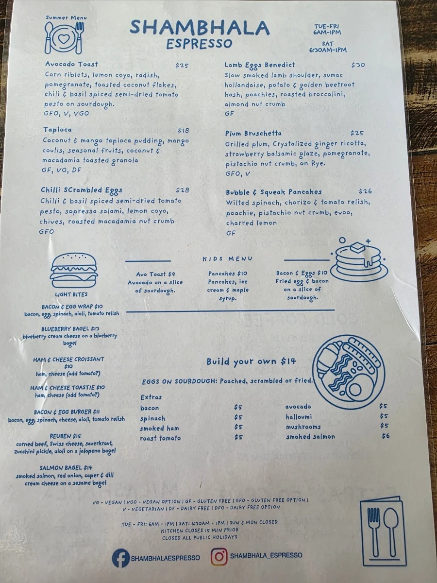 Menu, Shambhala Espresso