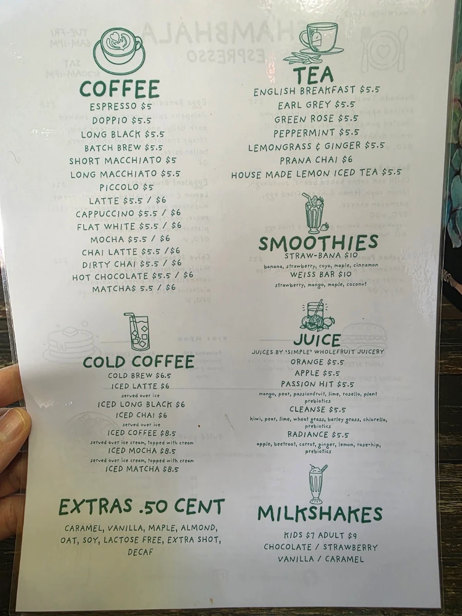 Menu, Shambhala Espresso