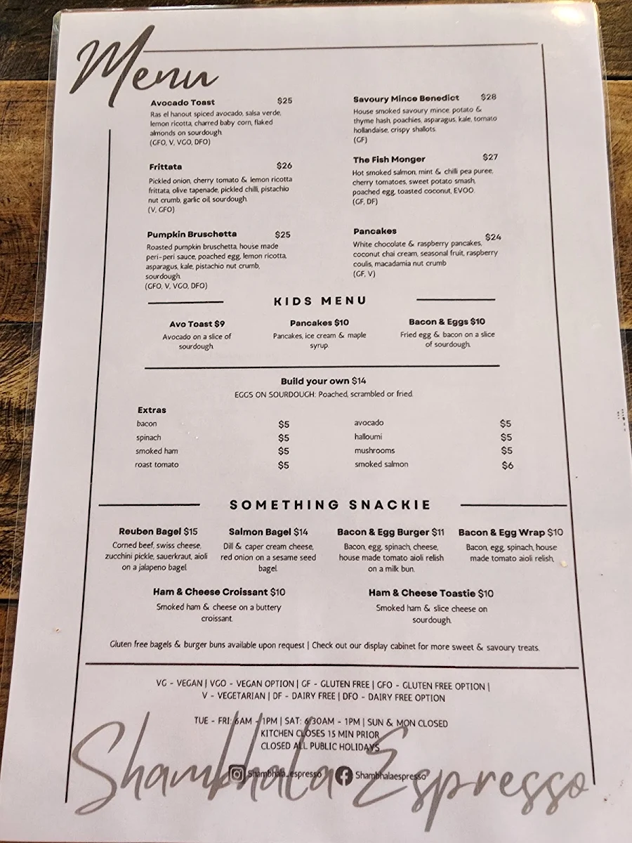 Menu, Shambhala Espresso