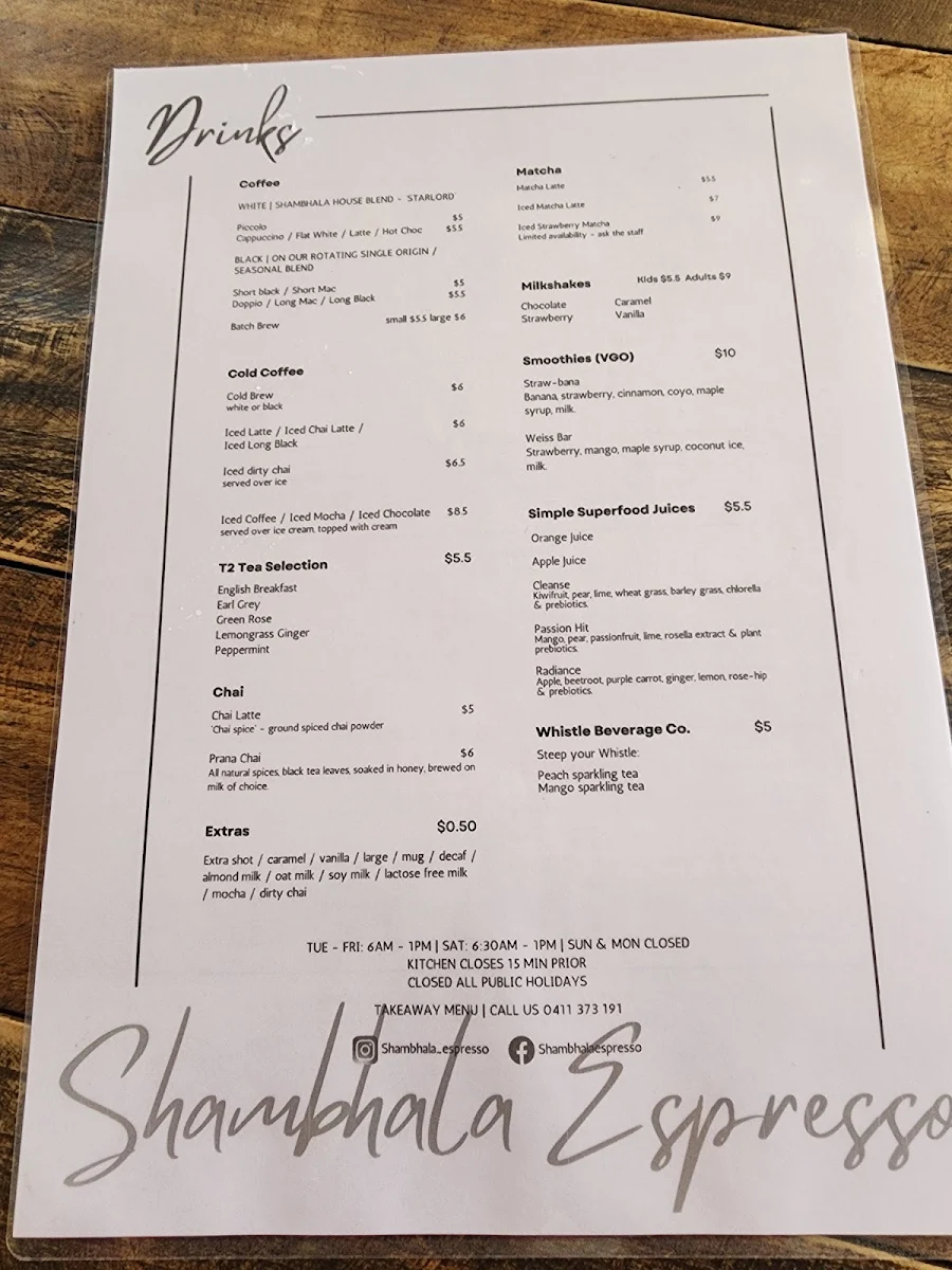 Menu, Shambhala Espresso