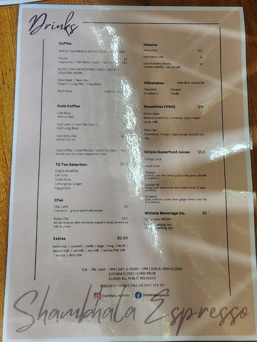 Menu, Shambhala Espresso