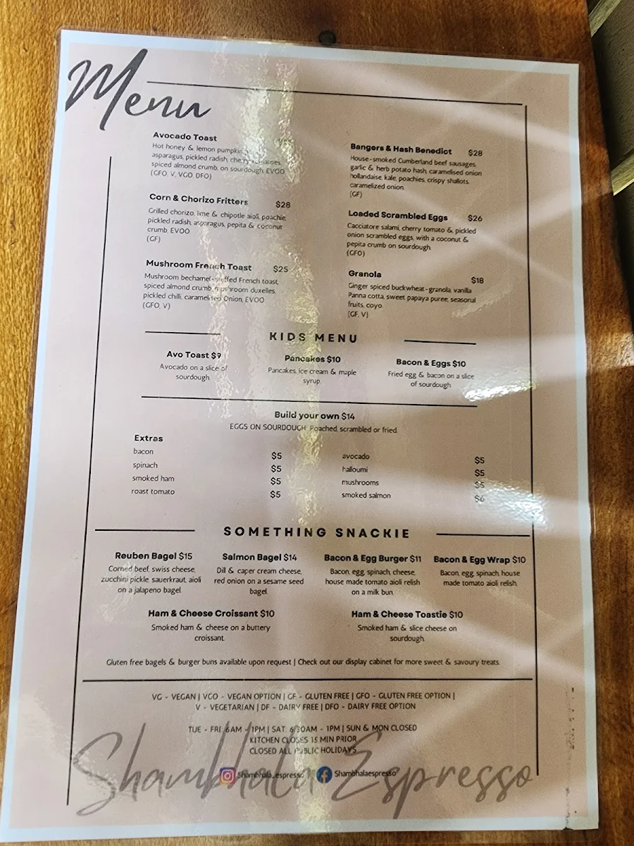 Menu, Shambhala Espresso