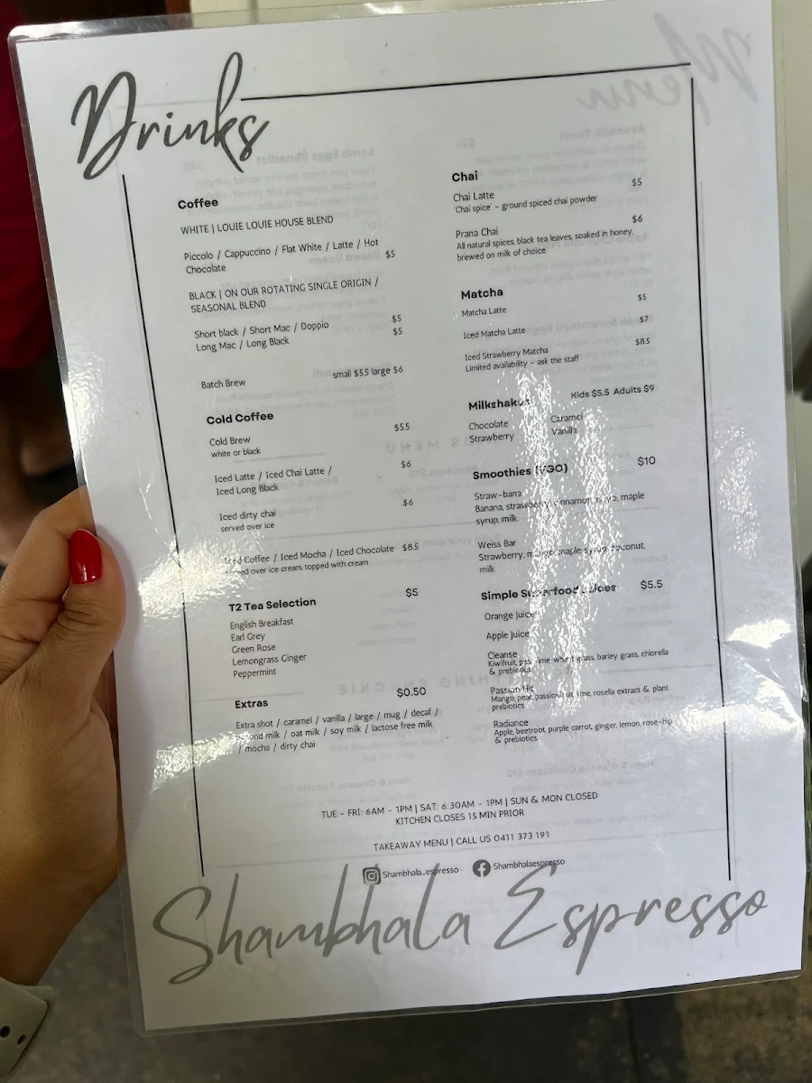 Menu, Shambhala Espresso
