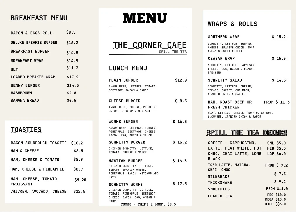 Menu, The Corner Cafe & Spill the Tea