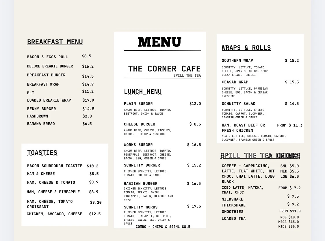 Menu, The Corner Cafe & Spill the Tea