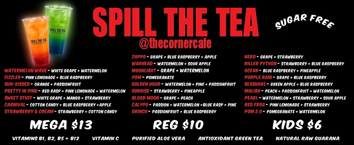 Menu, The Corner Cafe & Spill the Tea