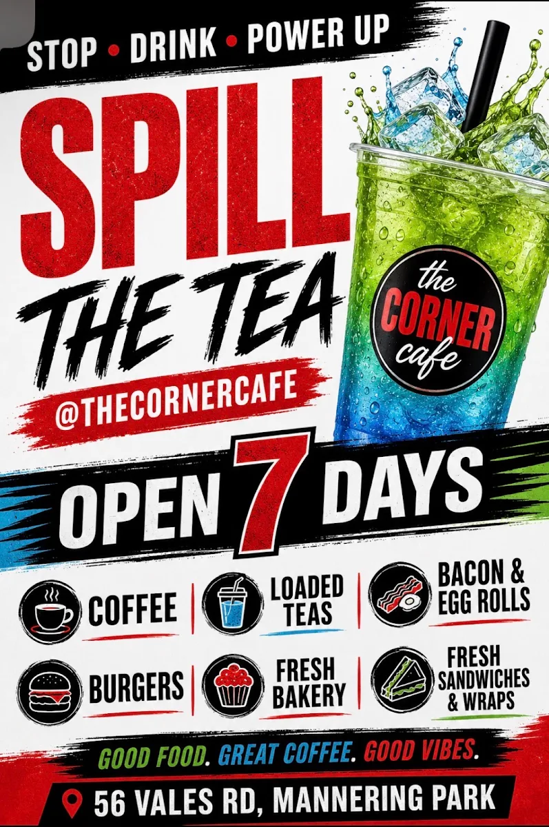 Menu, The Corner Cafe & Spill the Tea
