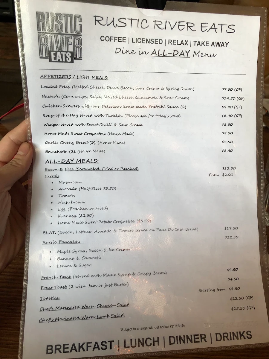 Menu, Rustic River Eats