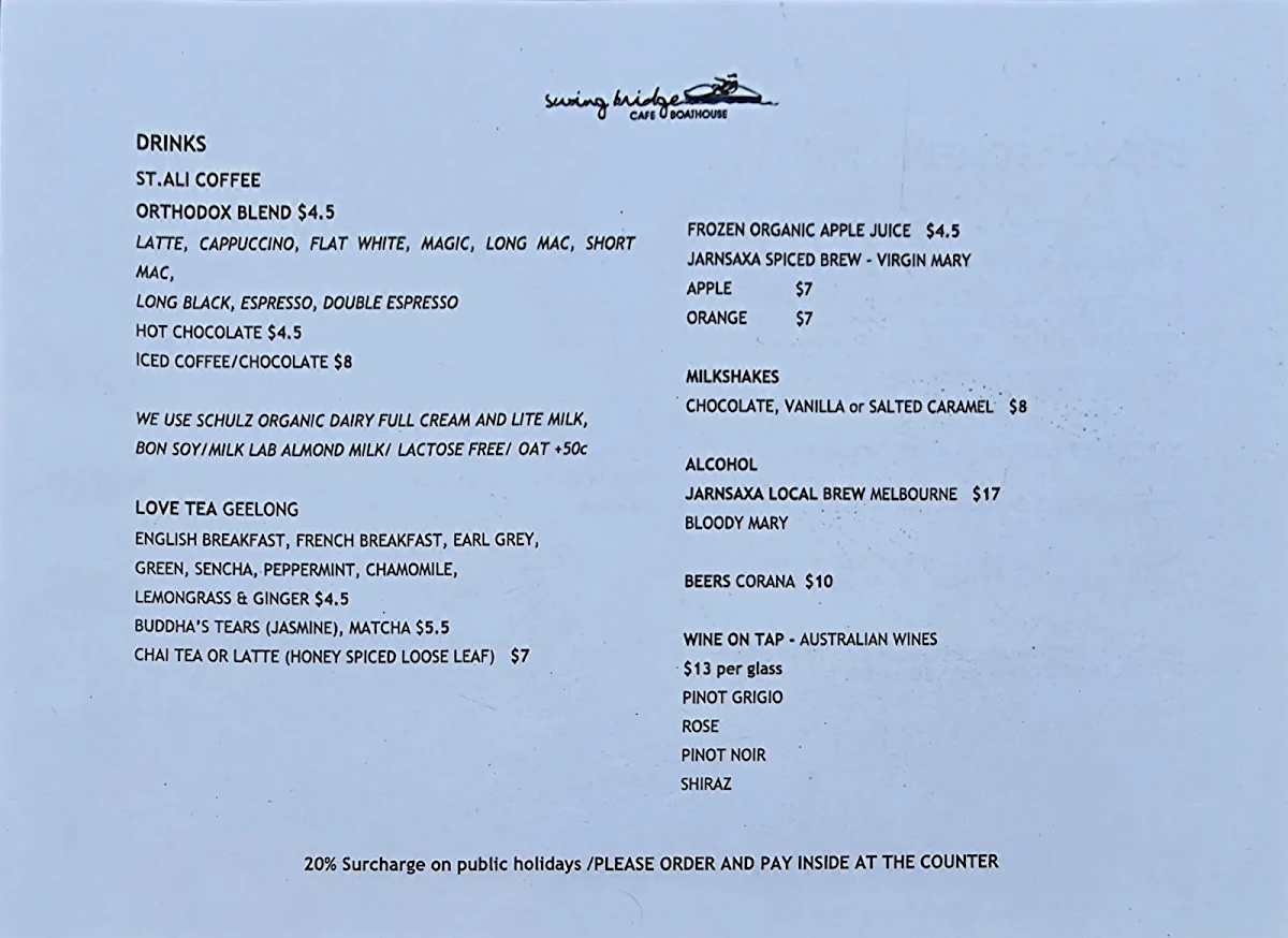 Menu, Swingbridge Cafe