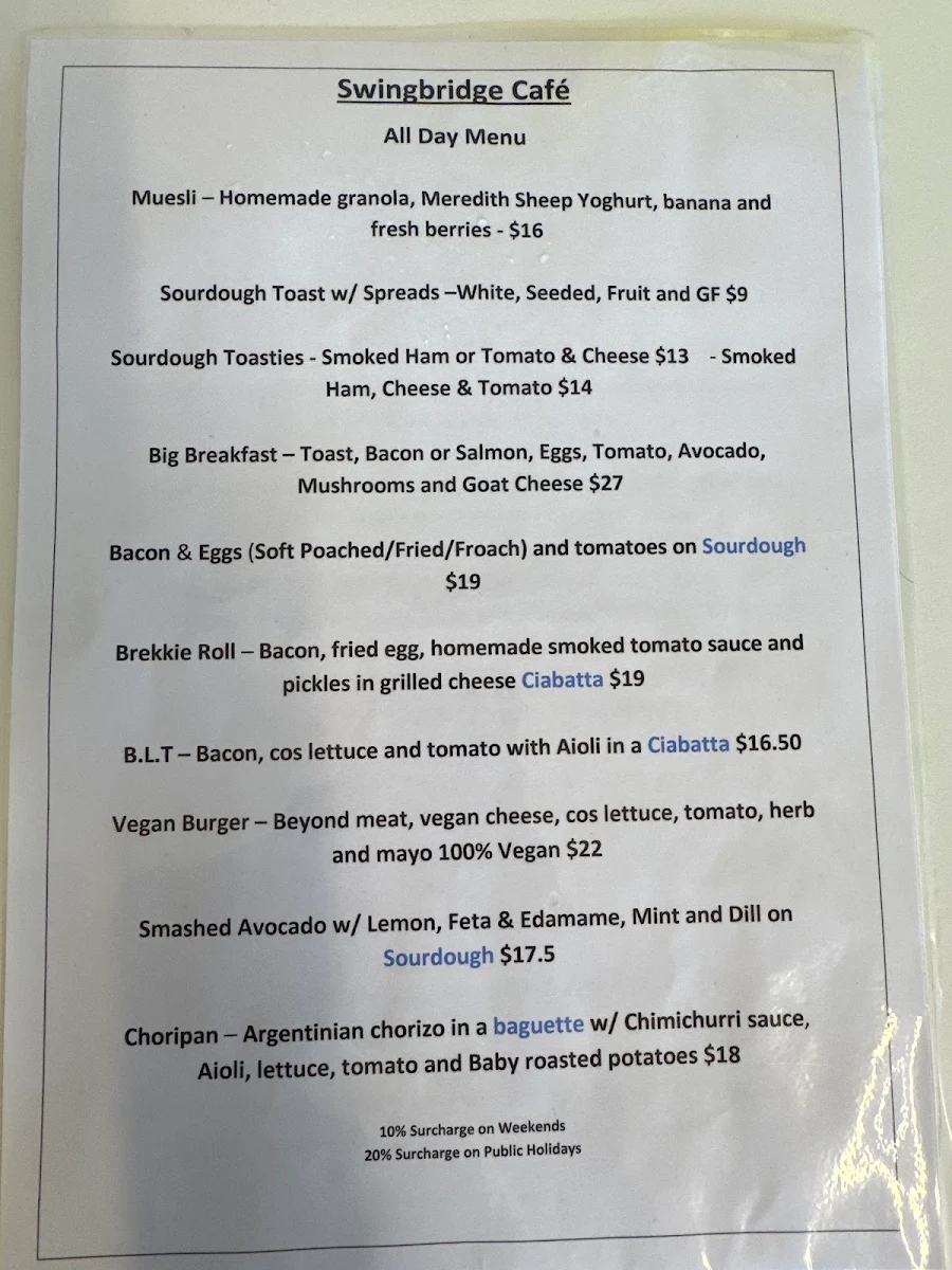 Menu, Swingbridge Cafe