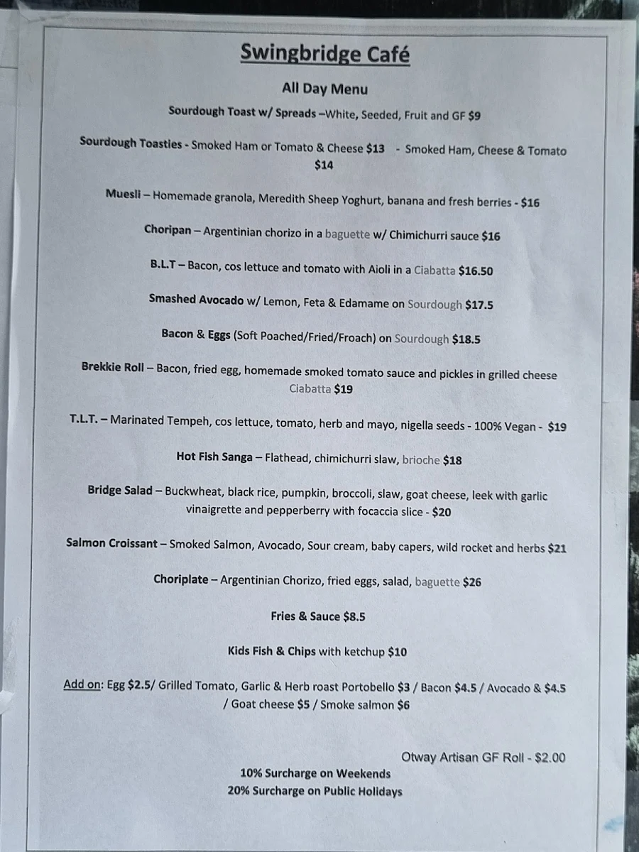 Menu, Swingbridge Cafe