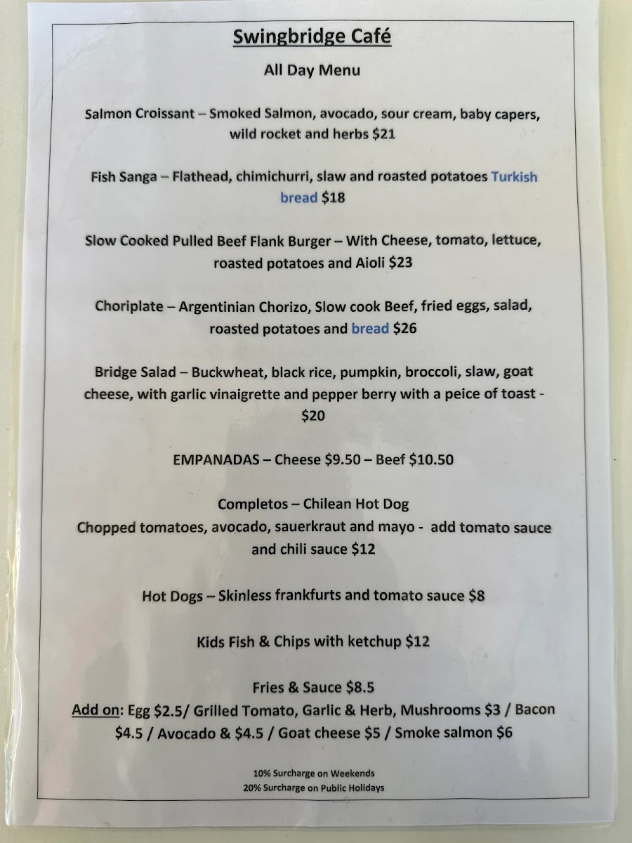 Menu, Swingbridge Cafe