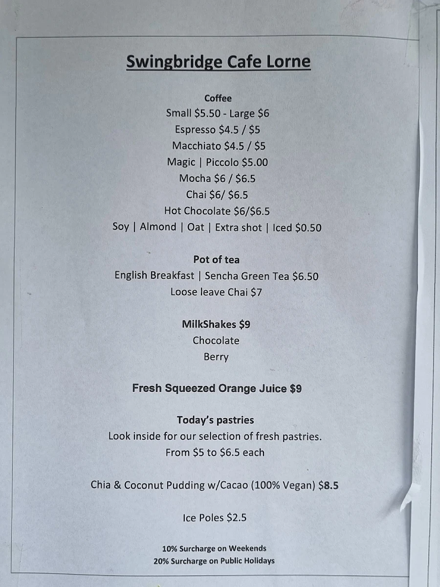 Menu, Swingbridge Cafe