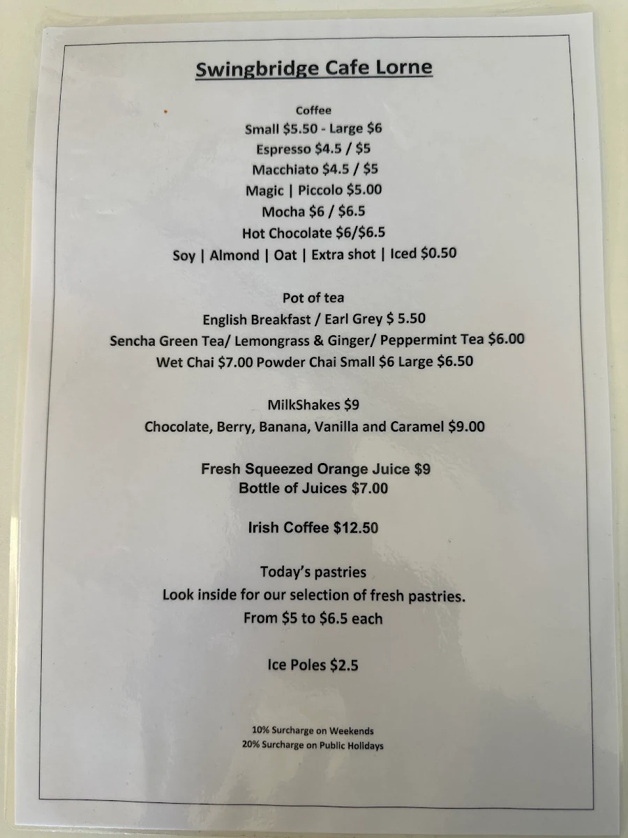 Menu, Swingbridge Cafe