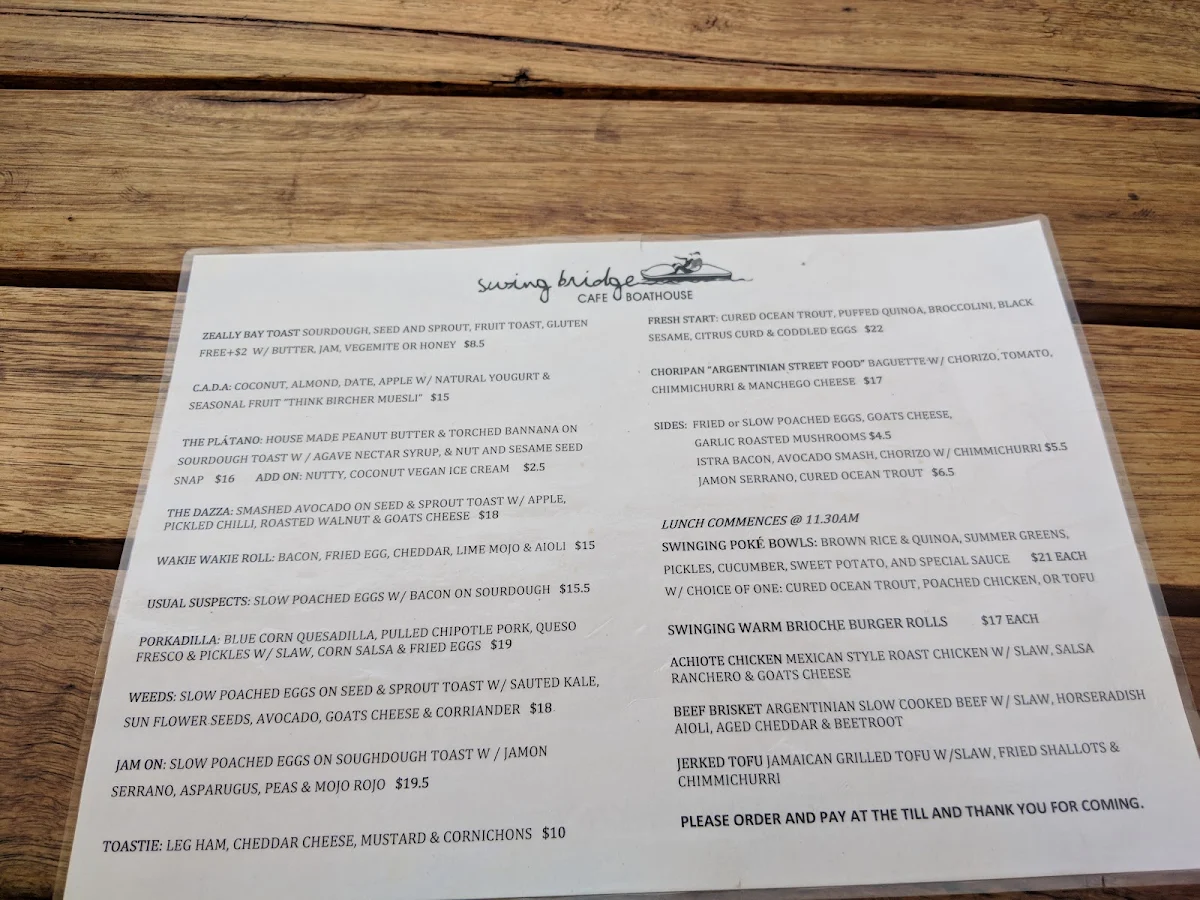 Menu, Swingbridge Cafe